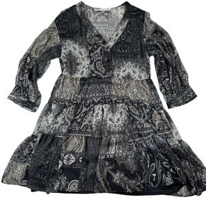 Zara Woman Black Paisley Rufflle Hem Glitter  Vneck  Long Sleeve  Boho‎ Dress XS